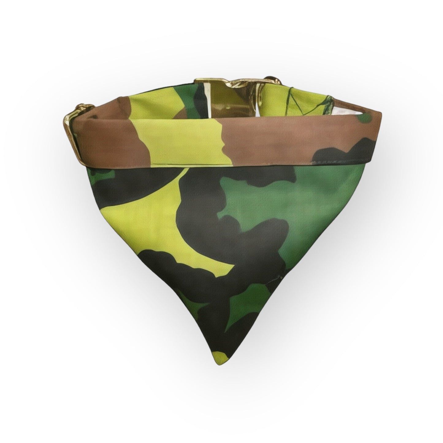 Back view of a camouflage-patterned dog bandana with a gold buckle and collar attachment.