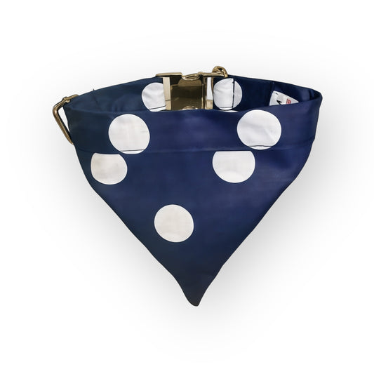 White and Navy Polkadot No Tangle Dog Collar and Bandana In-one