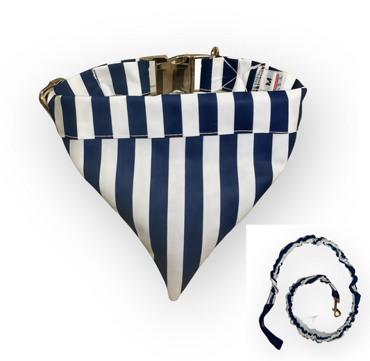 Navy and White Striped Tangle Free Dog Collar & Leash Set